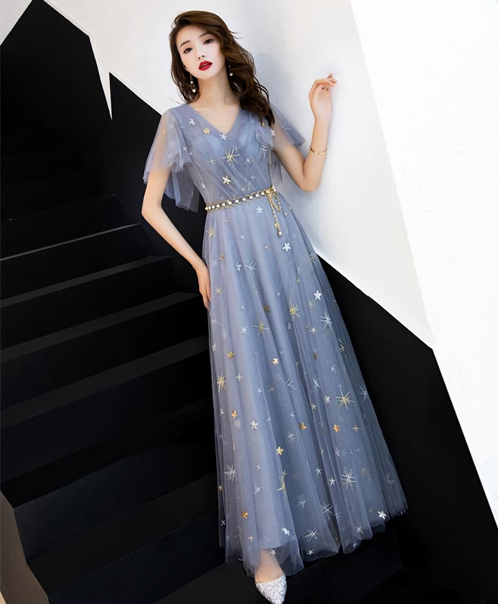 Blue Tulle Long Prom Dress, Blue Tulle Bridesmaid Dress