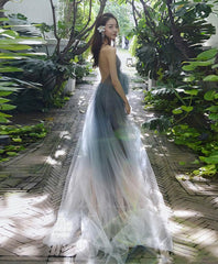 Gray V Neck Tulle Long Prom Dress, Gray Tulle Evening Dress, 1