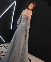 Gray Sweetheart A Line Tulle Lace Long Prom Dress, Gray Evening Dress