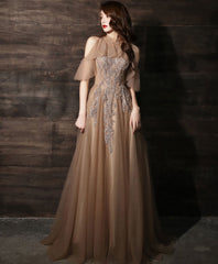 Champagne High Neck Tulle Lace Long Prom Dress, Formal Dress