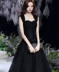 Black Tulle Lace Off Shoulder Long Prom Dress, Black Evening Dress
