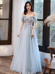 Blue Tulle Off Shoulder Tulle Lace Long Prom Dress, Blue Formal Dress