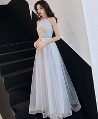 Gray Tulle Lace Long Prom Dress, Gray Tulle Evening Dress/4