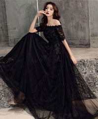 Black Tulle Lace Long Prom Dress, Black Tulle Evening Dress, 1