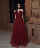 Burgundy Sweetheart Tulle Sequin Long Prom Dress, Burgundy Formal Dress, 2