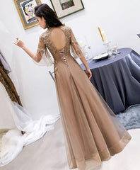 Champagne High Neck Tulle Lace Long Prom Dress, Champagne Evening Dress