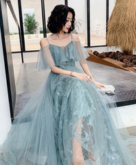 Green Tulle Lace Long Prom Dress, Green Evening Dress