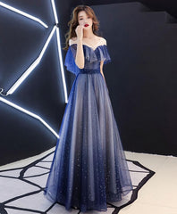 Blue V Neck Tulle Long Prom Dress, Blue Tulle Evening Dress