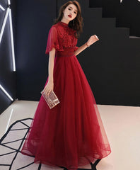 Burgundy Tulle Lace Long Prom Dress, Burgundy Evening Dress, 6
