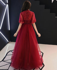 Burgundy Tulle Lace Long Prom Dress, Burgundy Evening Dress, 6