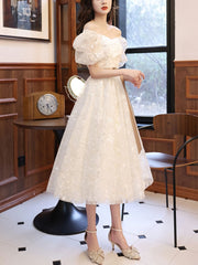 White A Line Lace Tulle Short Prom Dress, White Homecoming Dress