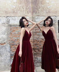 Simple Burgundy Tea Length Prom Dress, Burgundy Bridesmaid Dress