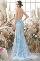 Backless Mermaid Light Blue Lace Tulle Long Evening Dress, Mermaid Light Blue Formal Dresses