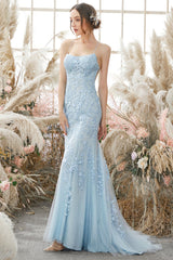 Backless Mermaid Light Blue Lace Tulle Long Evening Dress, Mermaid Light Blue Formal Dresses