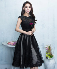 Black Round Neck Lace Tulle Short Prom Dress, Black Evening Dress, 1
