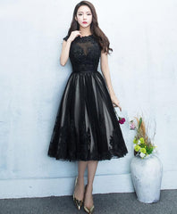 Black Round Neck Lace Tulle Short Prom Dress, Black Evening Dress, 1