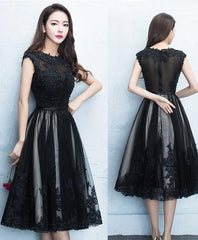 Black Round Neck Lace Tulle Short Prom Dress, Black Evening Dress, 1
