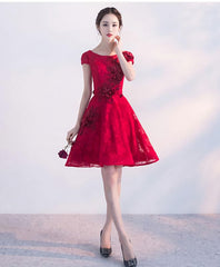 Champagne A Line Tulle Lace Short Prom Dress, Champagne Evening Dress