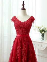 Charming Dark Red Lace A-line Long Prom Dress Outfits For Girls, Red Evening Gown