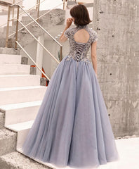 Gray Round Neck Tulle Lace Long Prom Dress, Evening Dress