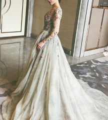 Gray V Neck Tulle Long Prom Dress, Long Sleeve Evening Dress, 1