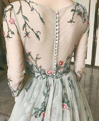 Gray V Neck Tulle Long Prom Dress, Long Sleeve Evening Dress, 1