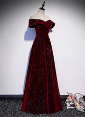 Off Shoulder Wine Red Velvet Long Party Dress Outfits For Girls, A-line Wine Red Evening Dress