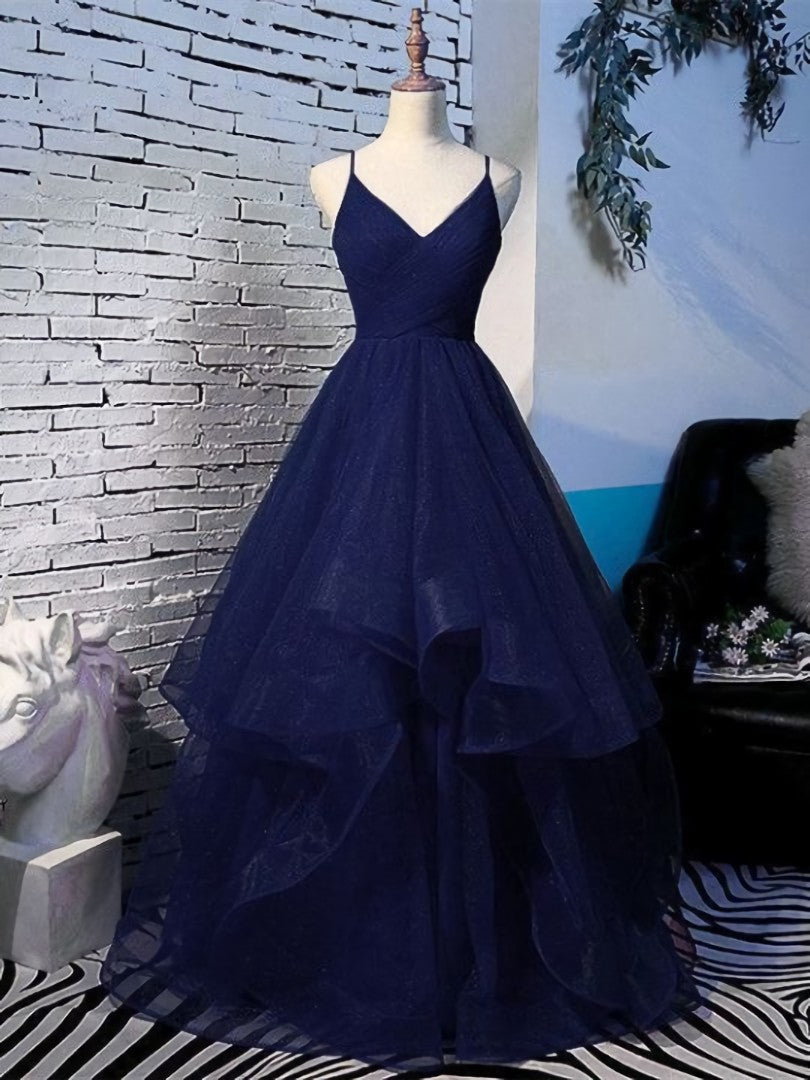 Pretty Navy Blue Tulle Layers Straps Long Party Dress Outfits For Girls, Blue Prom Dress