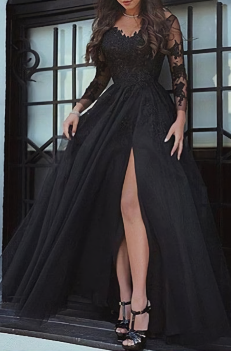 O Neck A Line Appliques Long Cheap Black Women Long Sleeves Prom Dresses