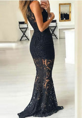 Mermaid High Neck Sleeveless Black Lace Prom Dresses