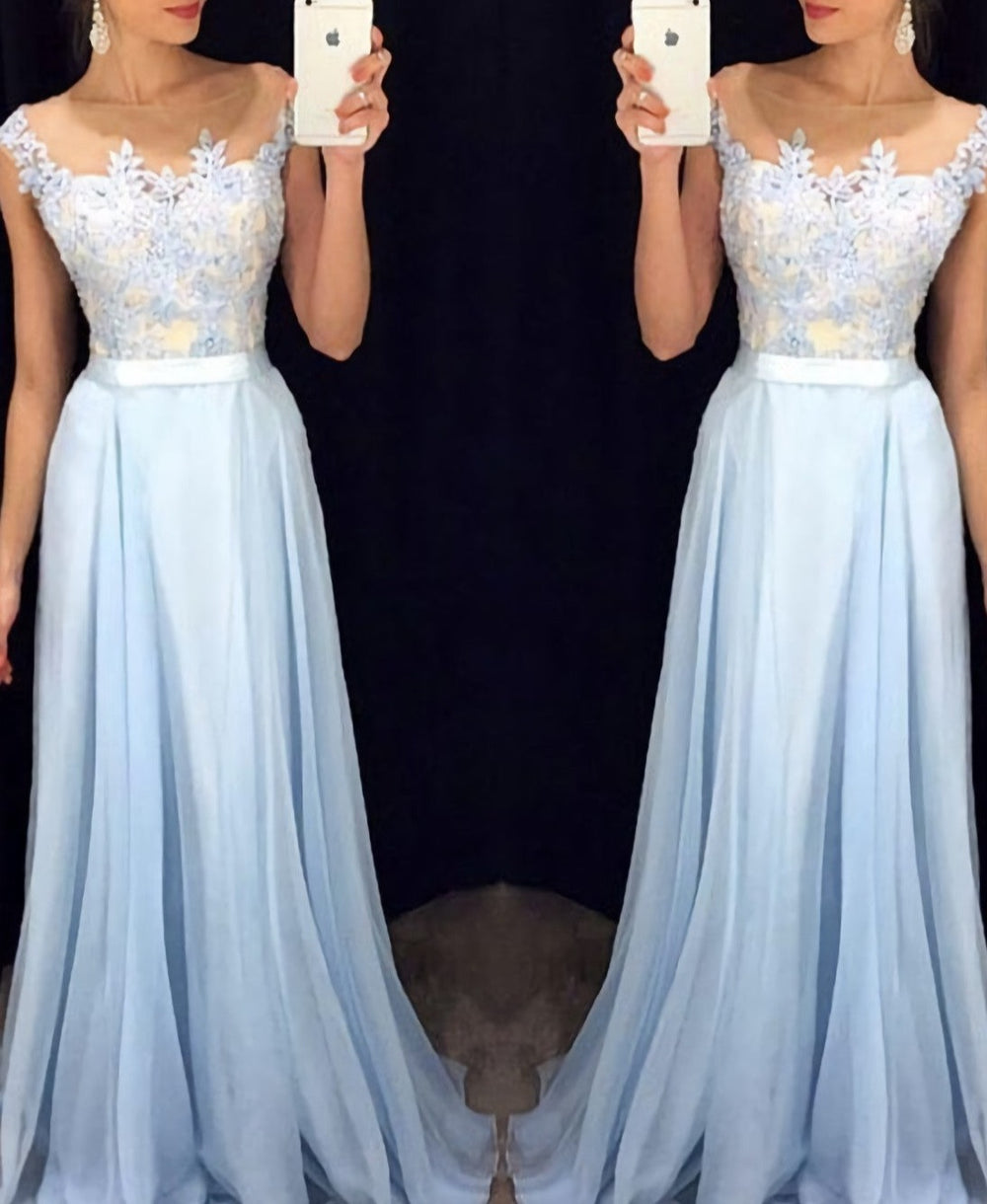 Light Sky Blue Appliques A Line Long Prom Dresses