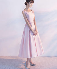 Pink Satin Lace Tea Length Prom Dress, Pink Evening Dress
