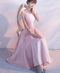 Pink Satin Lace Tea Length Prom Dress, Pink Evening Dress