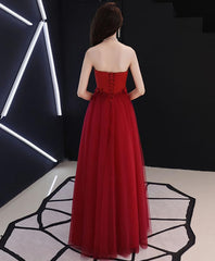 Burgundy Round Neck Tulle Long Prom Dress, Lace Evening Dress