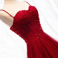Straps Dark Red Beaded Sweetheart Long Formal Dress Outfits For Girls, Junior Prom Dress