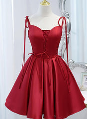 Wine Red Satin V-neckline Straps Beaded Short Prom Dress Outfits For Girls, Wine Red Party Dresses