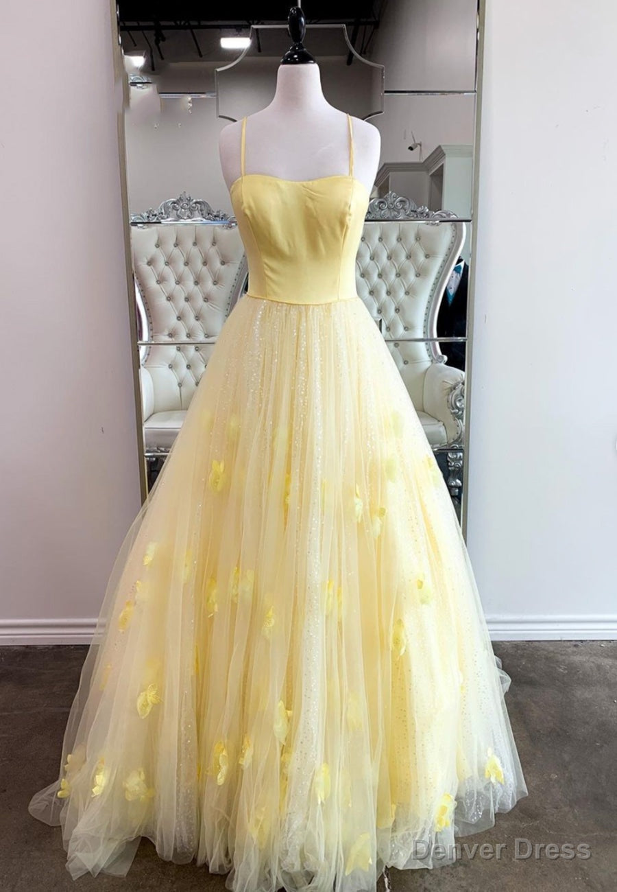 Yellow Spaghetti Strap Long Prom Dresses, A-Line Evening Dresses Main image