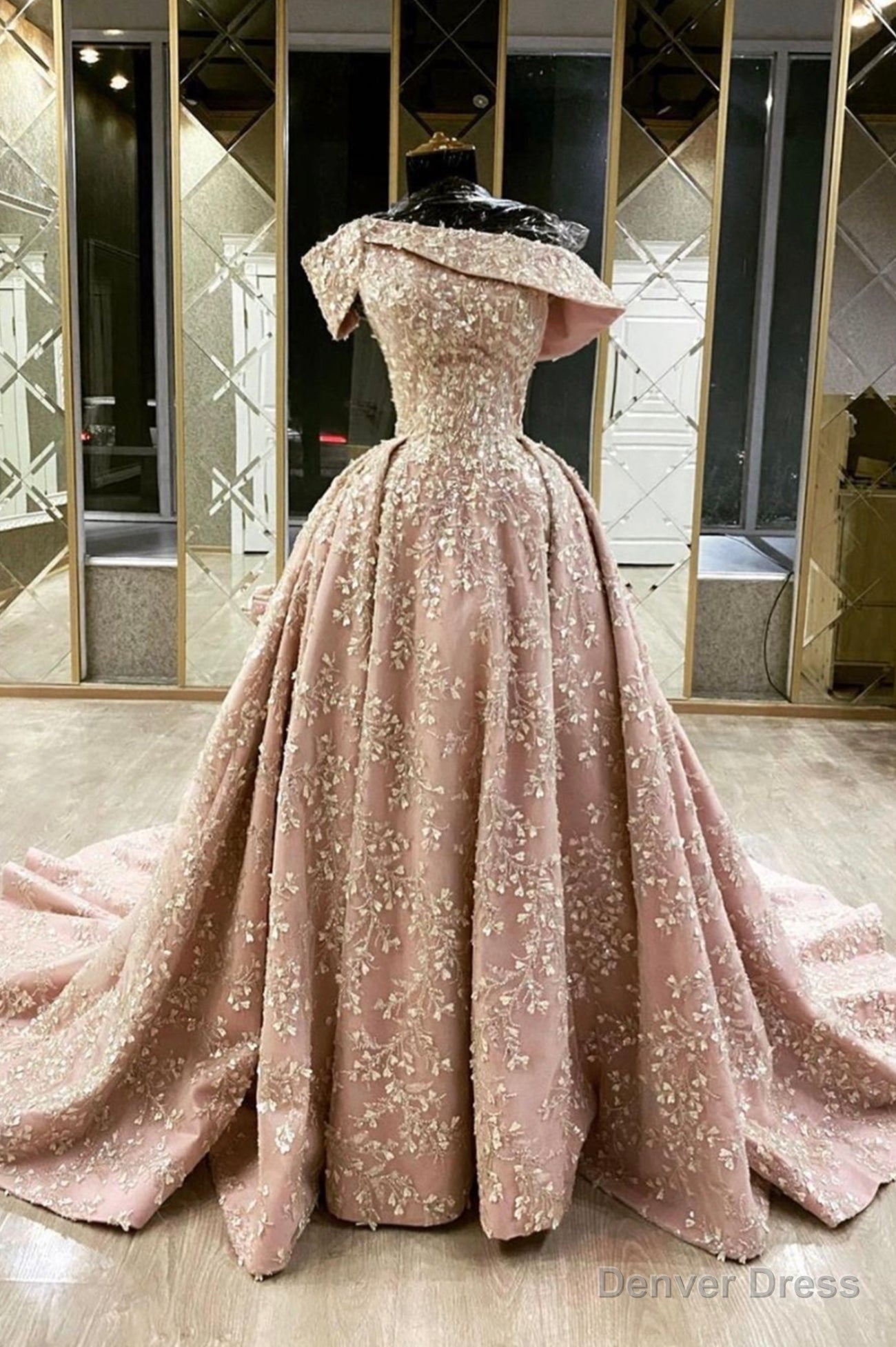 Pink Lace Long Prom Dress, A Line Prom Dresses Main image