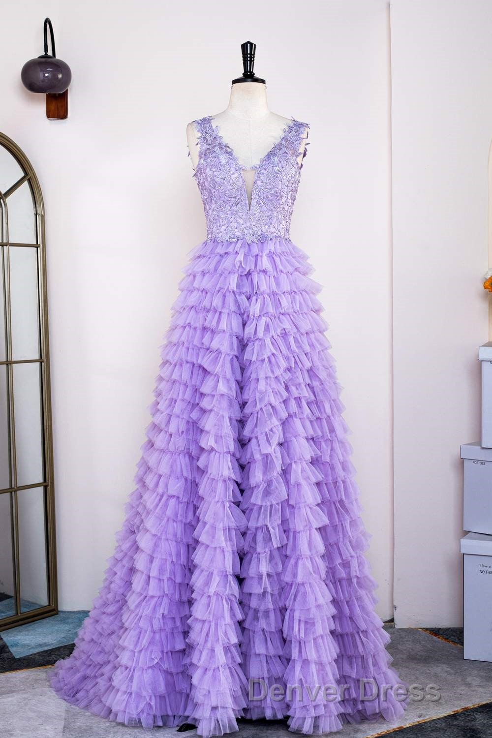 Lavender Plunging V Neck Appliques Layers Long Prom Dresses with Slit
