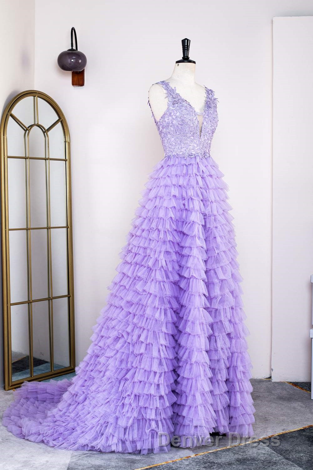 Lavender Plunging V Neck Appliques Layers Long Prom Dresses with Slit