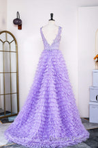 Lavender Plunging V Neck Appliques Layers Long Prom Dresses with Slit