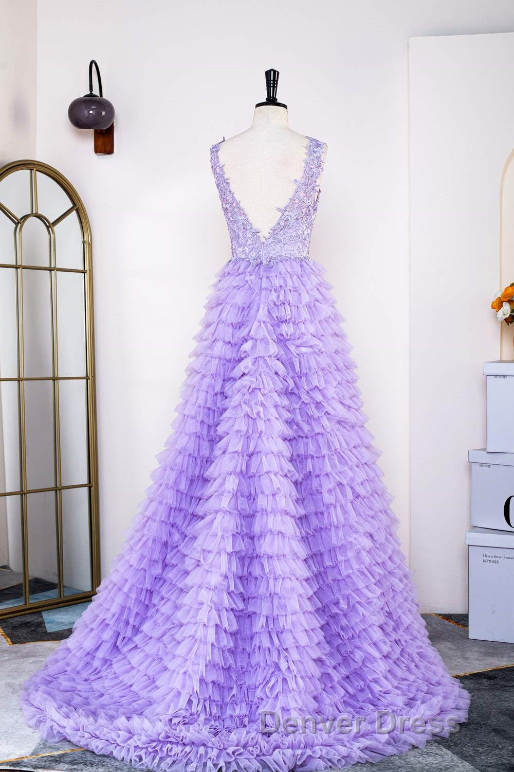 Lavender Plunging V Neck Appliques Layers Long Prom Dresses with Slit