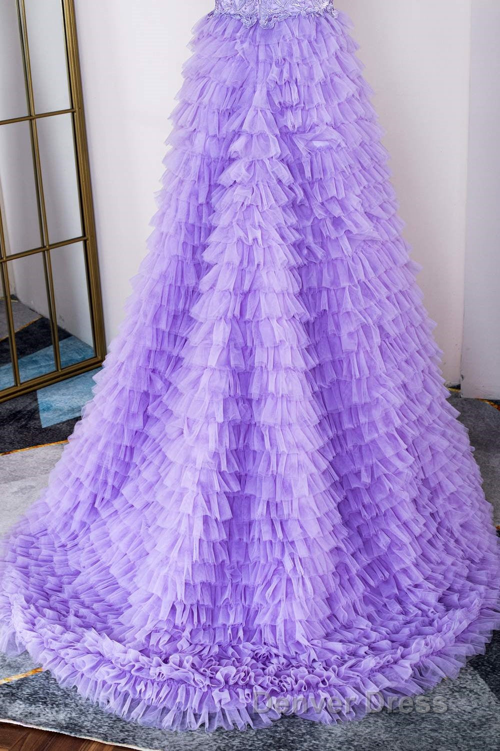 Lavender Plunging V Neck Appliques Layers Long Prom Dresses with Slit