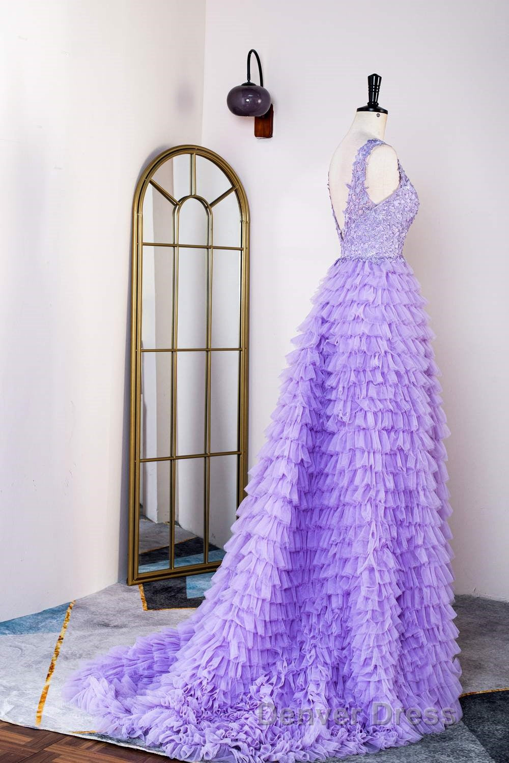 Lavender Plunging V Neck Appliques Layers Long Prom Dresses with Slit