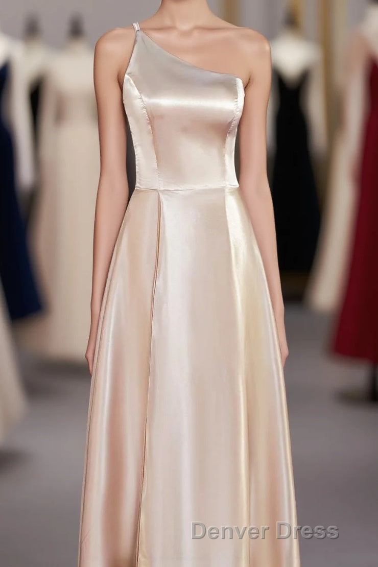 Champagne One Shoulder A-line Satin Tea Length Bridesmaid Dresses