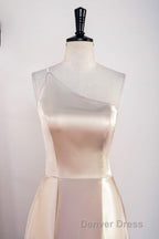 Champagne One Shoulder A Line Satin Tea Length Bridesmaid Dresses