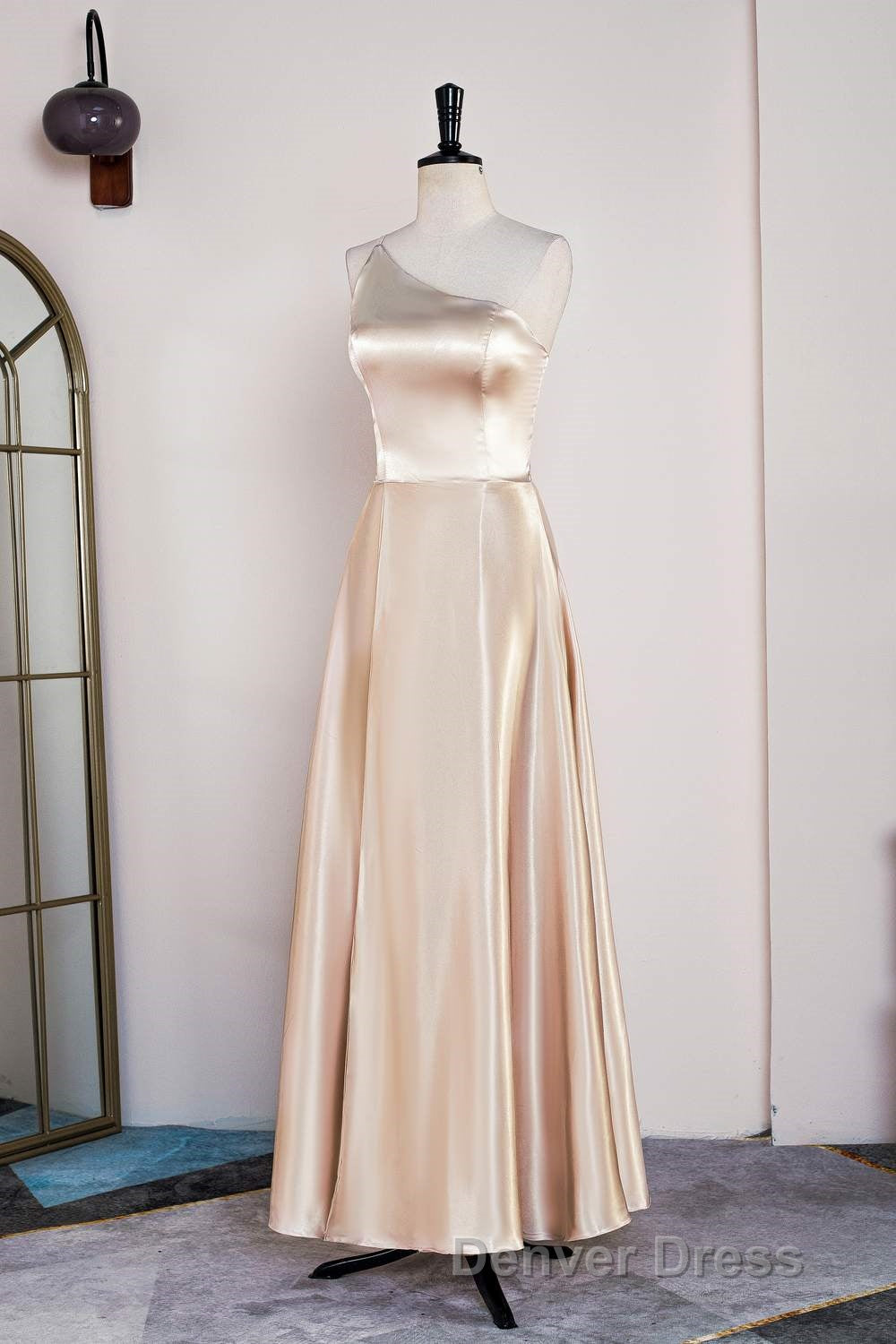 Champagne One Shoulder A Line Satin Tea Length Bridesmaid Dresses