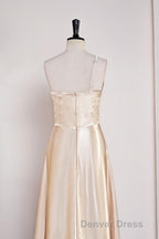 Champagne One Shoulder A Line Satin Tea Length Bridesmaid Dresses