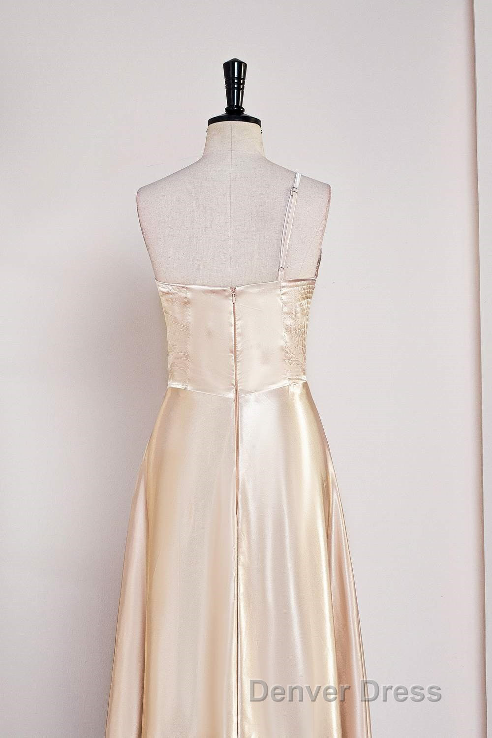 Champagne One Shoulder A Line Satin Tea Length Bridesmaid Dresses