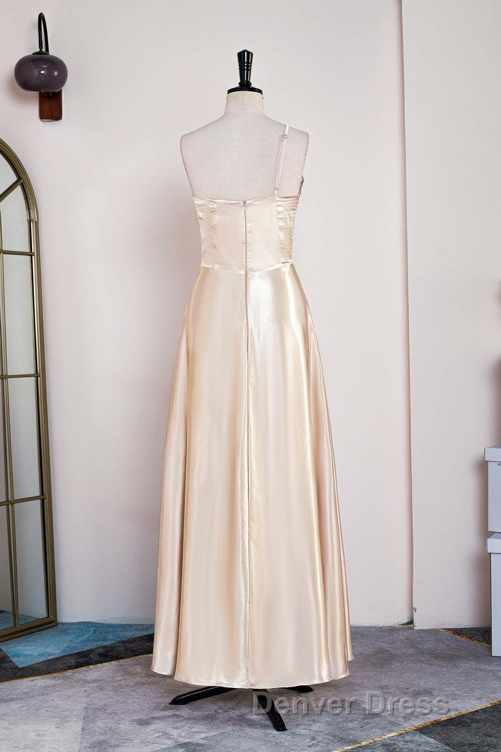 Champagne One Shoulder A Line Satin Tea Length Bridesmaid Dresses